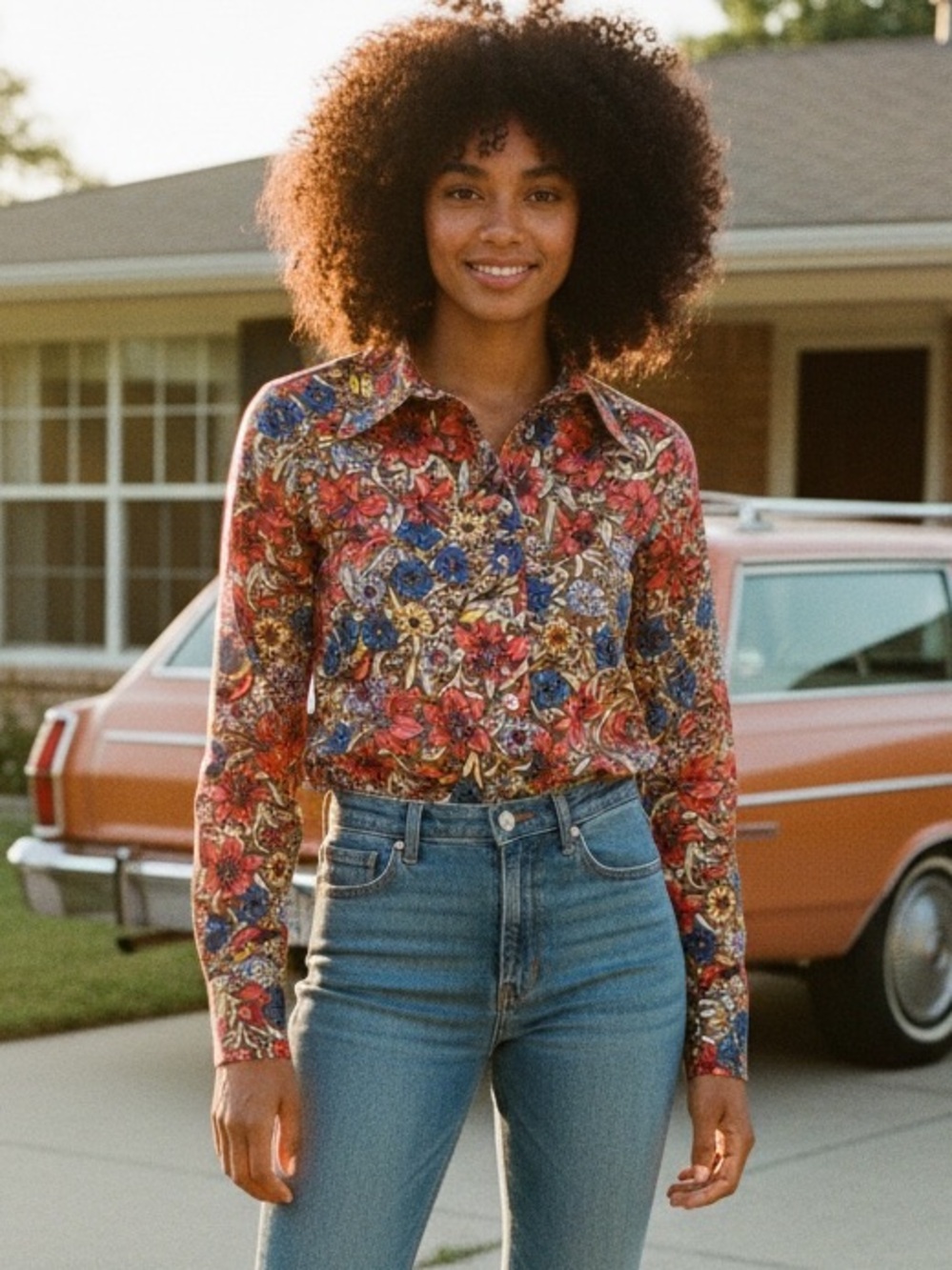 Vintage Multicolor Floral Button-Up Blouse - Red, Blue, Gold